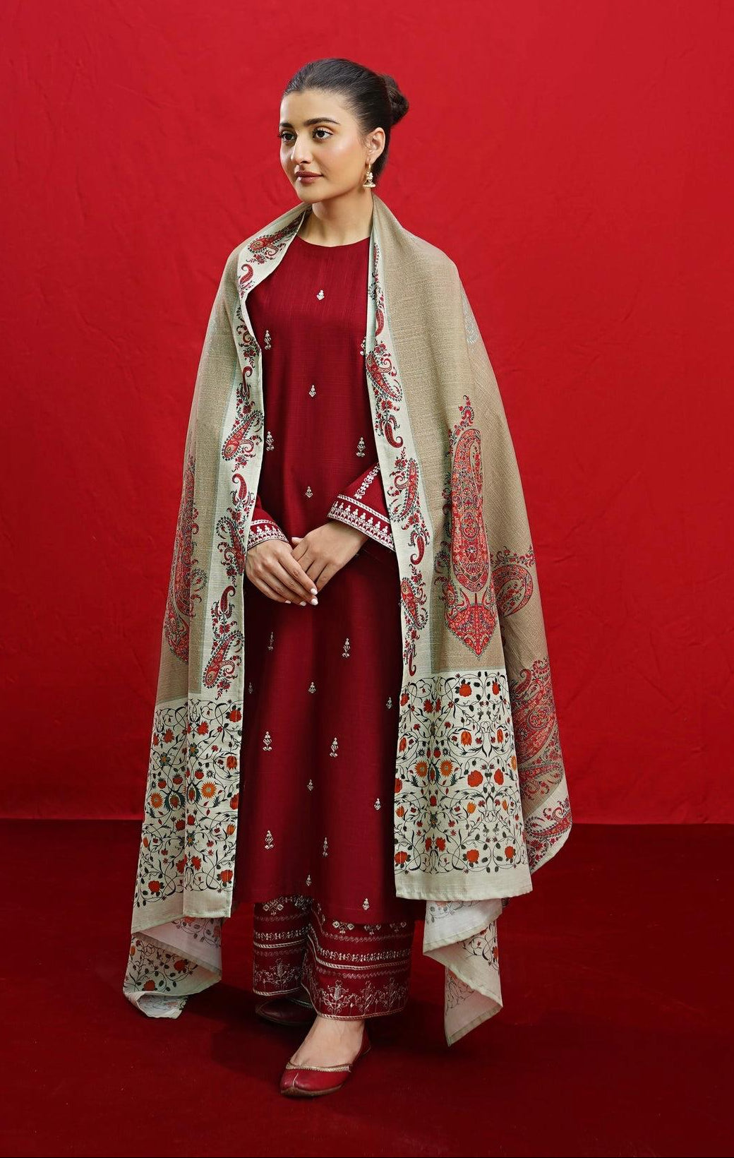 3PC Unstitched Dhanak Embroidered Suit with wool Shawl
