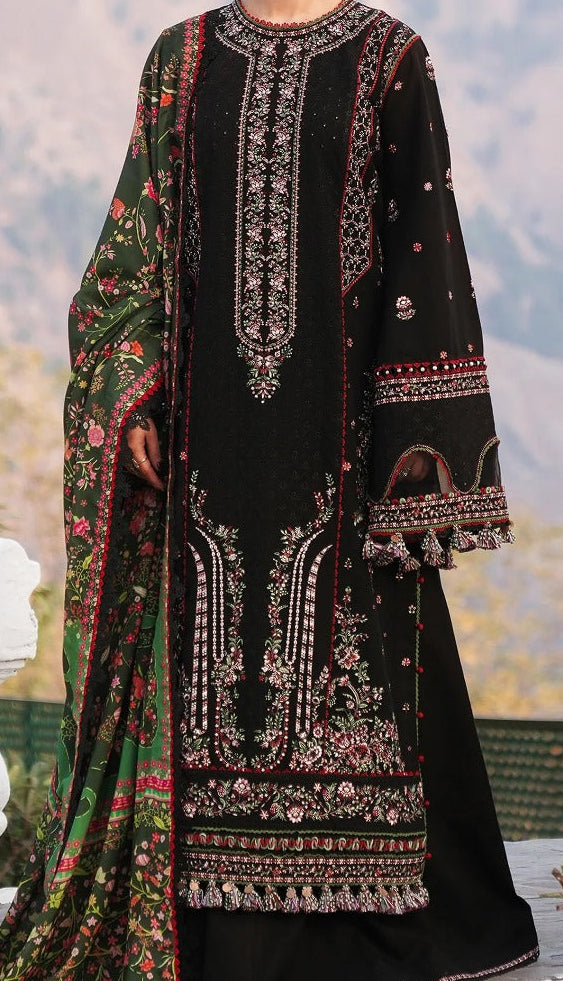 CLOSSY UNSITICH EMB 3PC SUIT WITH PRINTED SHAWL