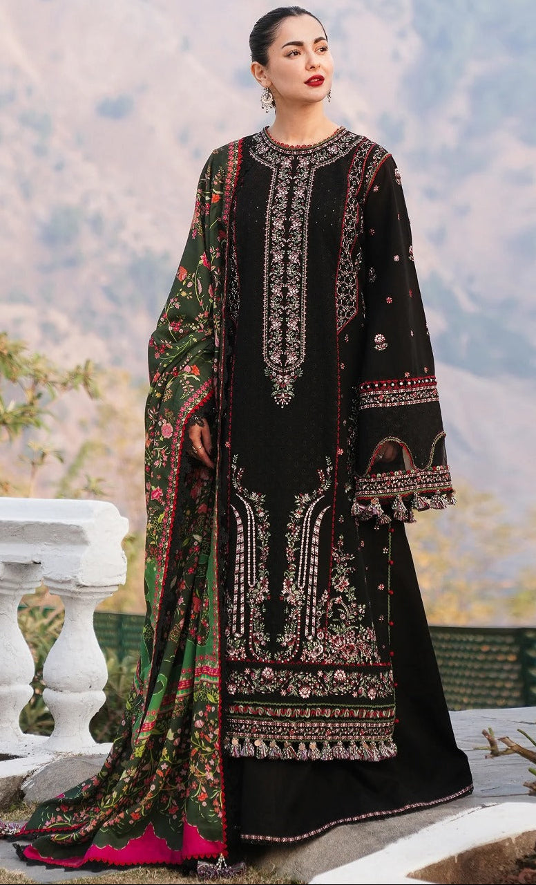 CLOSSY UNSITICH EMB 3PC SUIT WITH PRINTED SHAWL