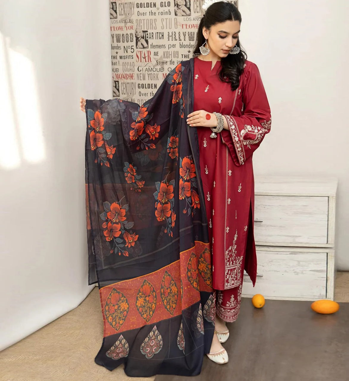 3PC Embroidered Dhanak with Print Shawl