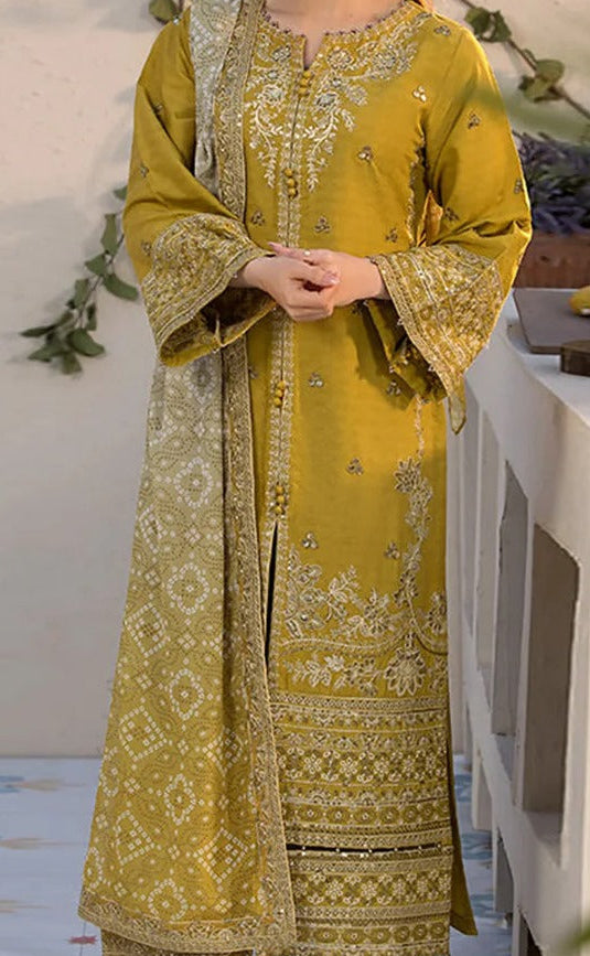 UNSITICH CLOSSY EMB 3PC SUIT WITH PRINTED SHAWL