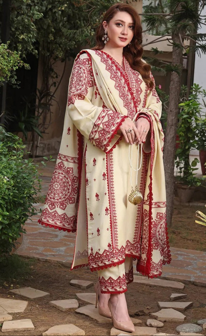 3PC Unstitched Dhanak Embroidered Suit with Dhanak Shawl Embroidered
