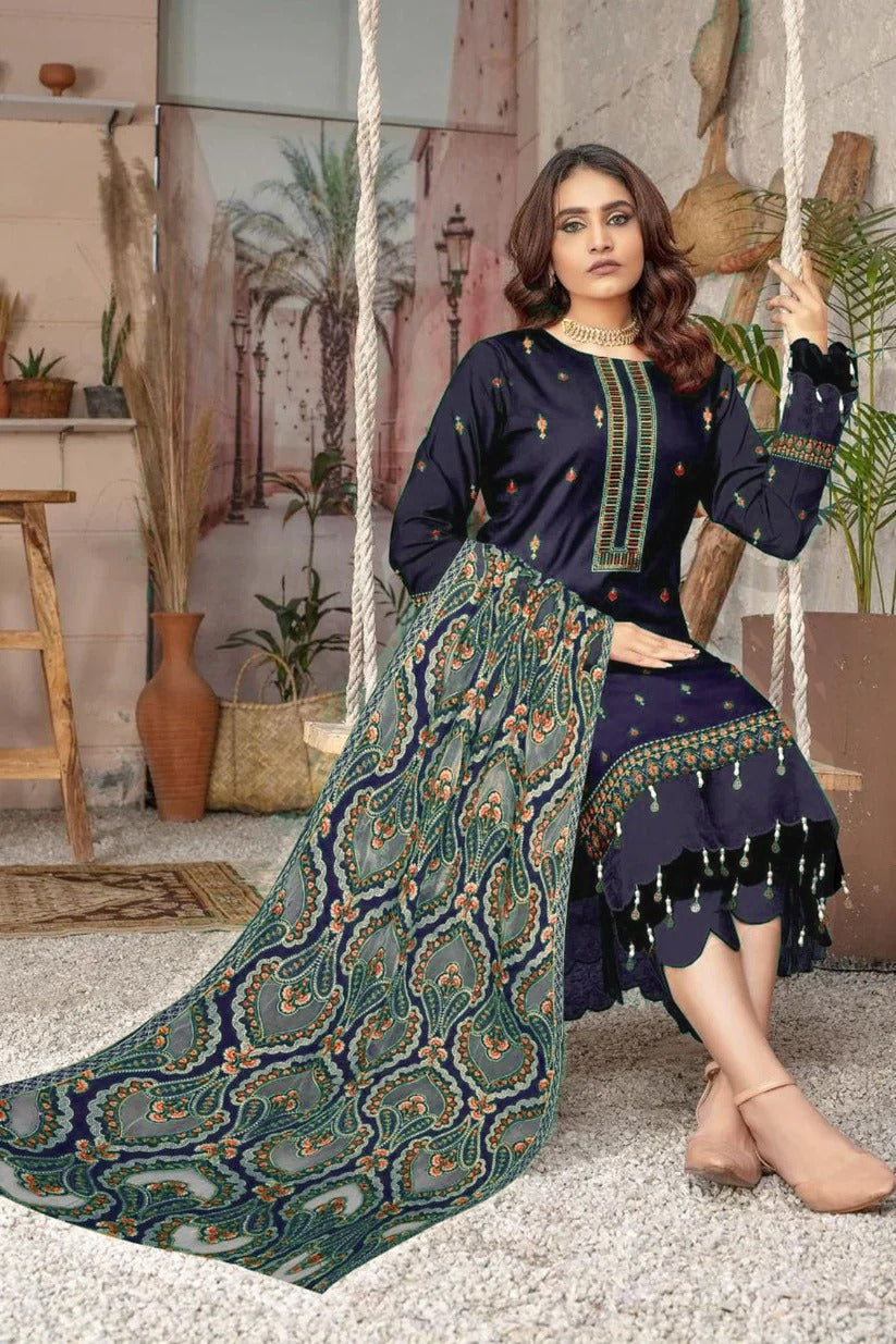 3PC Unstitched Dhanak Embroidered Suit with Dhanak Shawl Embroidered