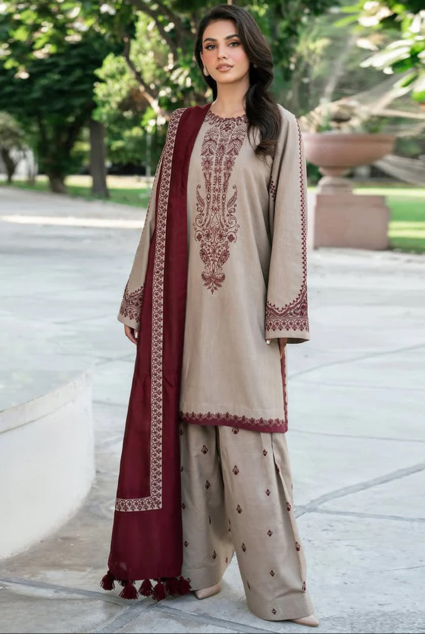 3 Pcs women’s unstitched Dhanak embroidered suit