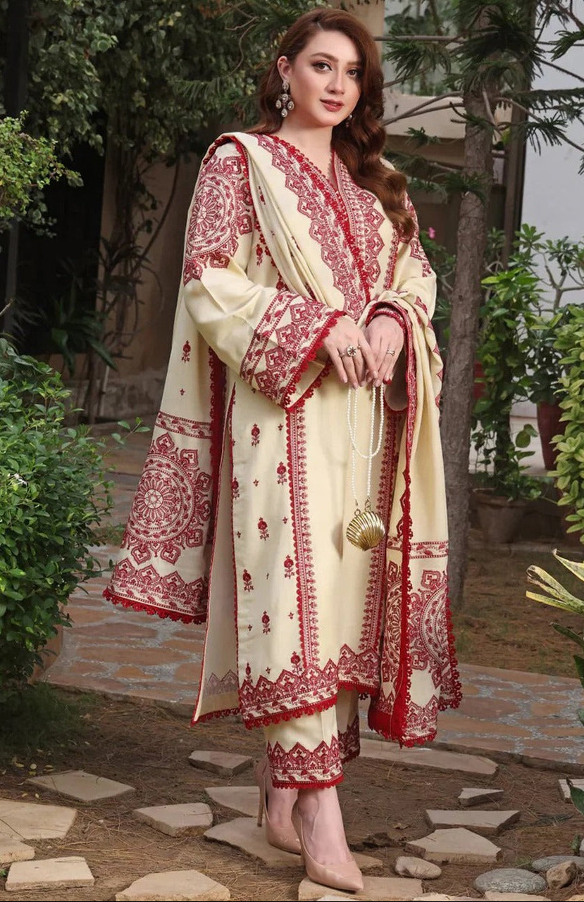 3 Pcs women’s unstitched Dhanak embroidered suit