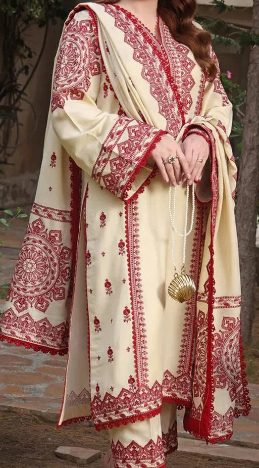 3 Pcs women’s unstitched Dhanak embroidered suit